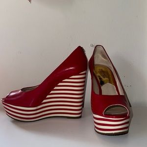 Michael Kors Red Striped Platform Wedge, Women’s size 7